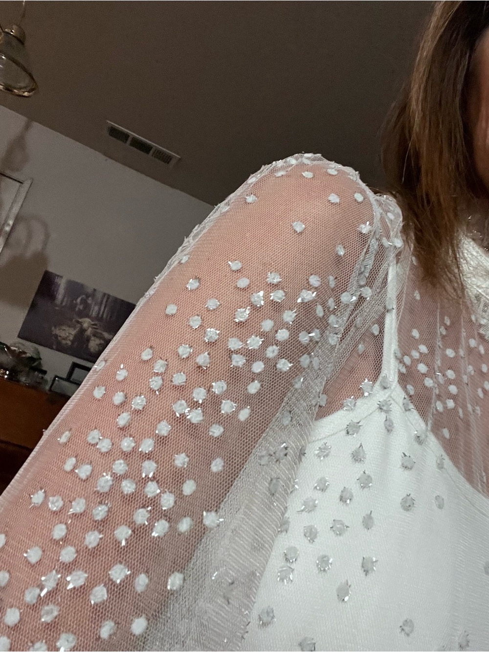 NWT Endless Rose Size Small White Sheer Polka Dot Mesh Long Sleeve Lace & Hooks
